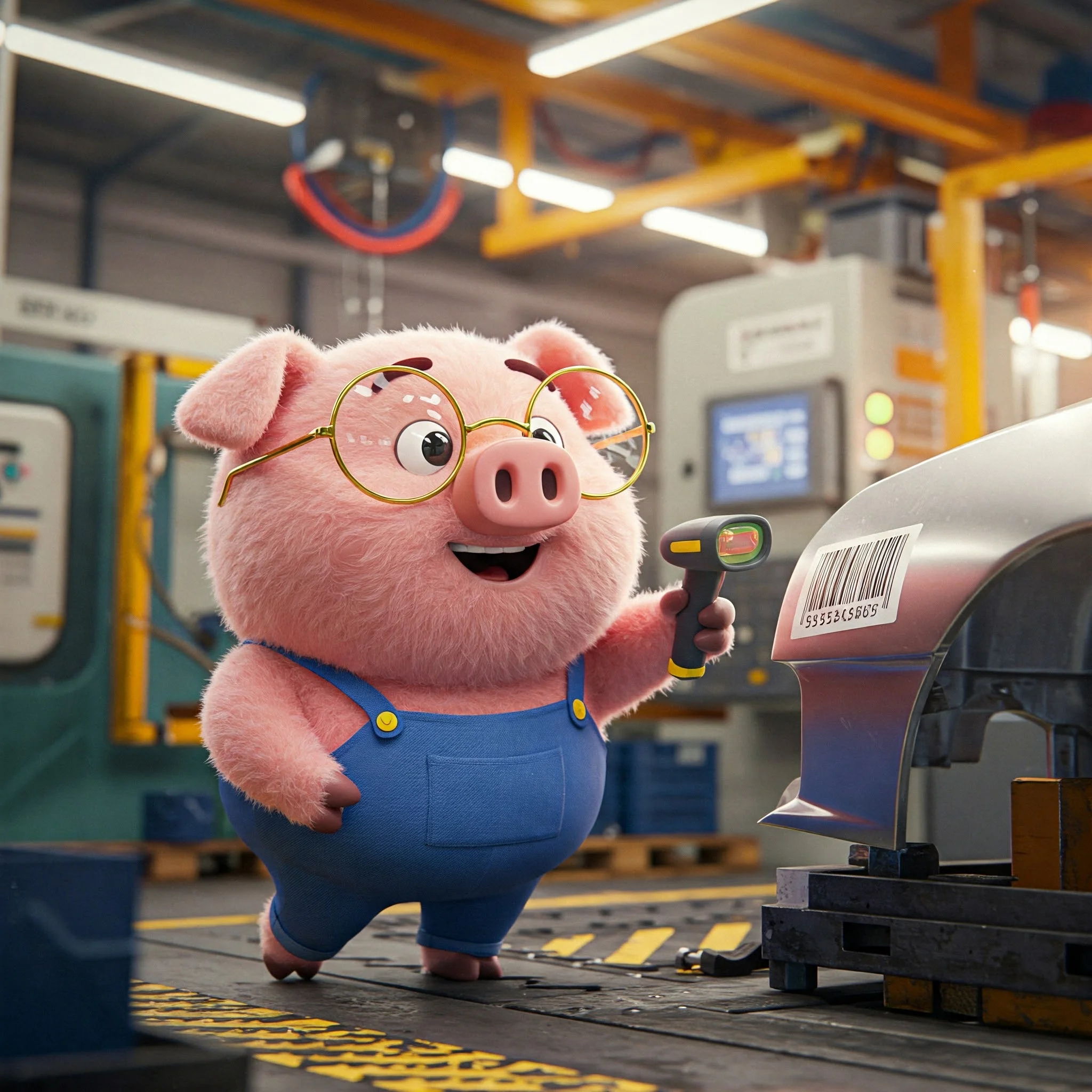 A cute pig using a barcode scanner in a factory