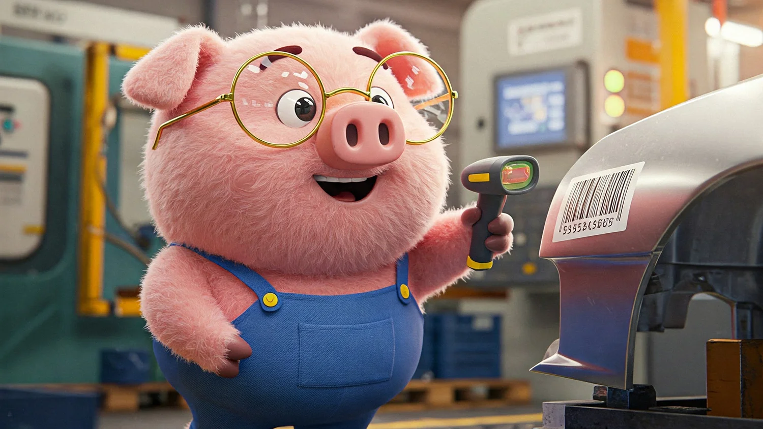 A fluffy pig using a barcode scanner in a factory