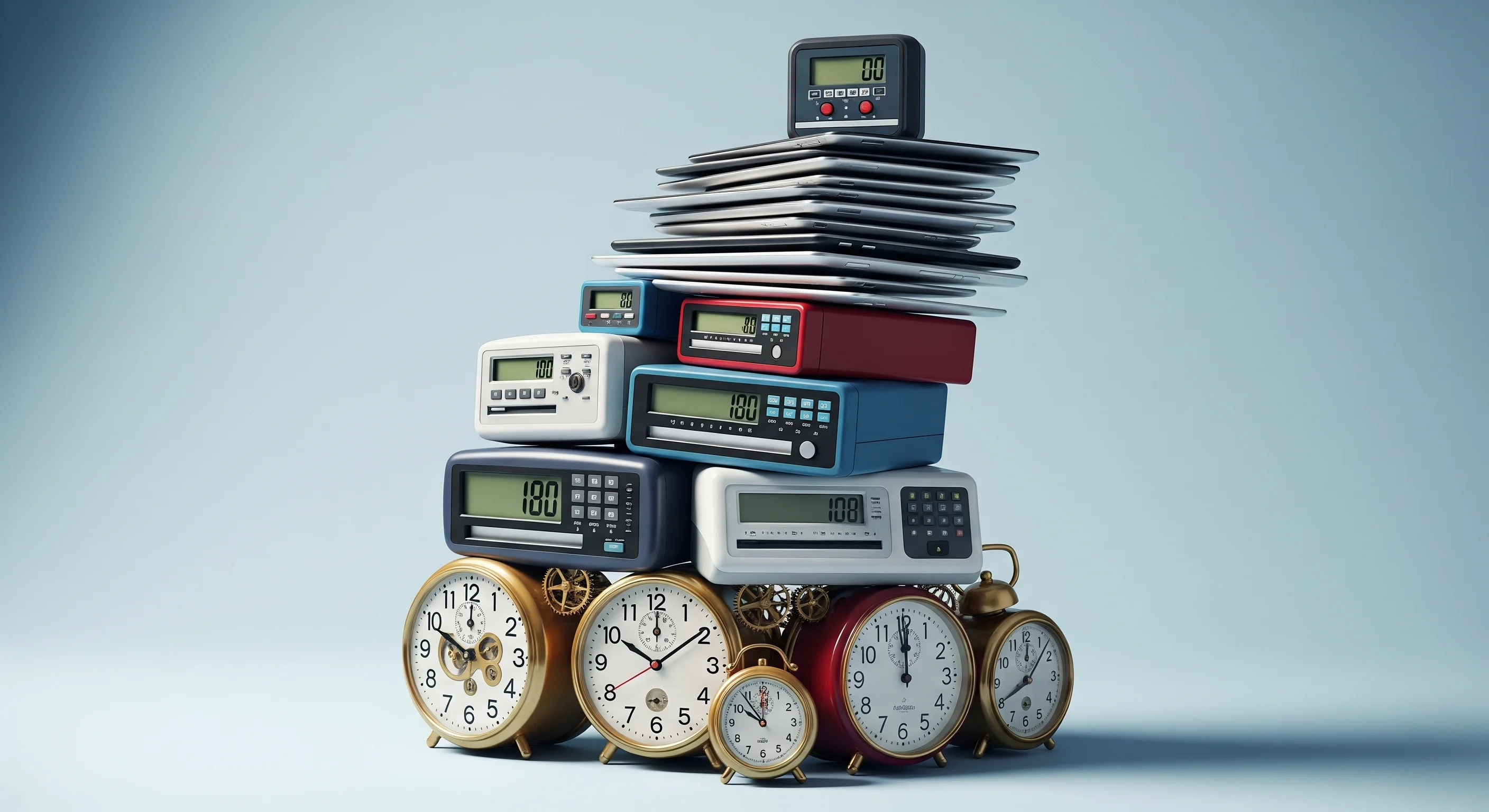 A stack of time clocks, punch clocks and tablet kiosks.