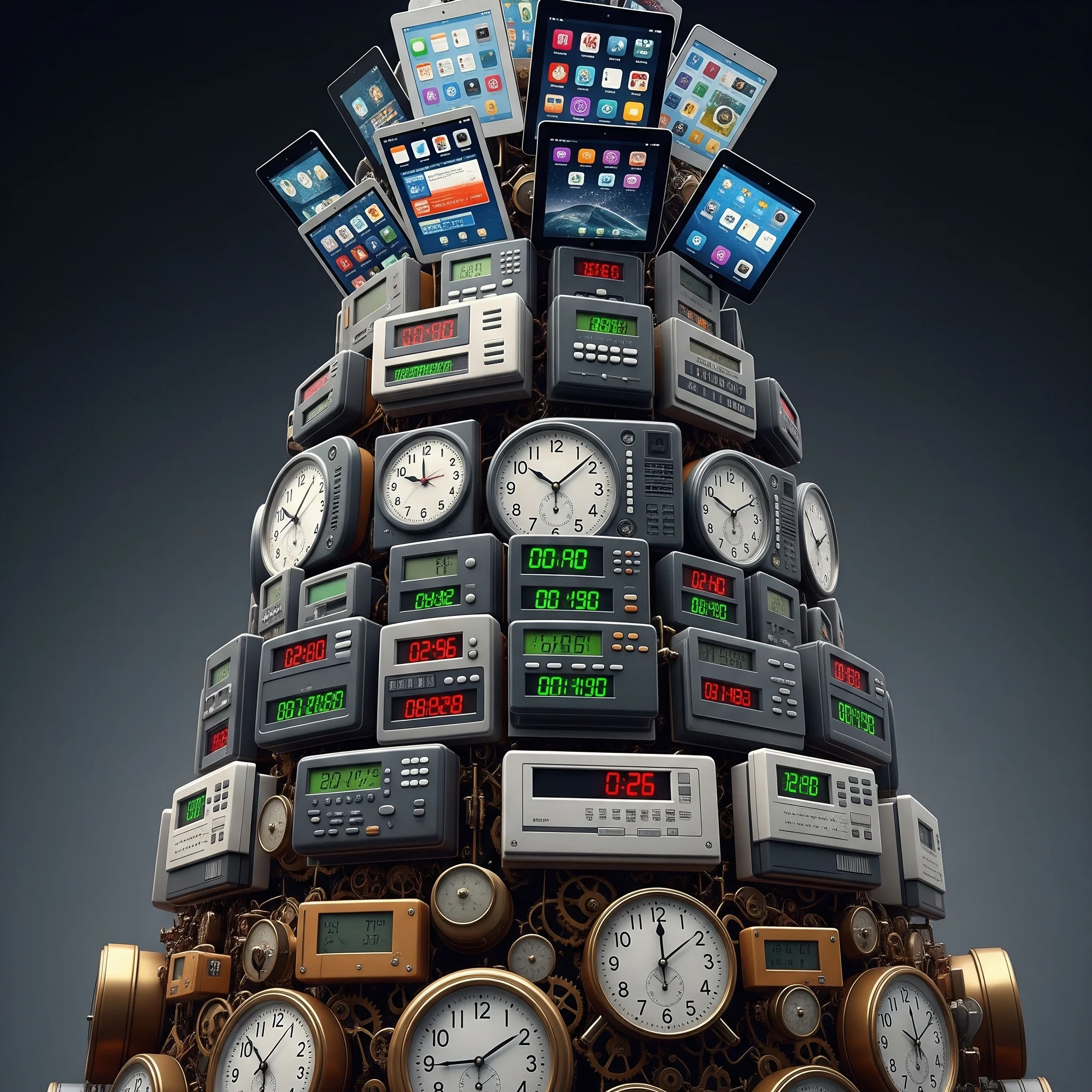 A tower made of time clocks, punch clocks and tablet kiosks.