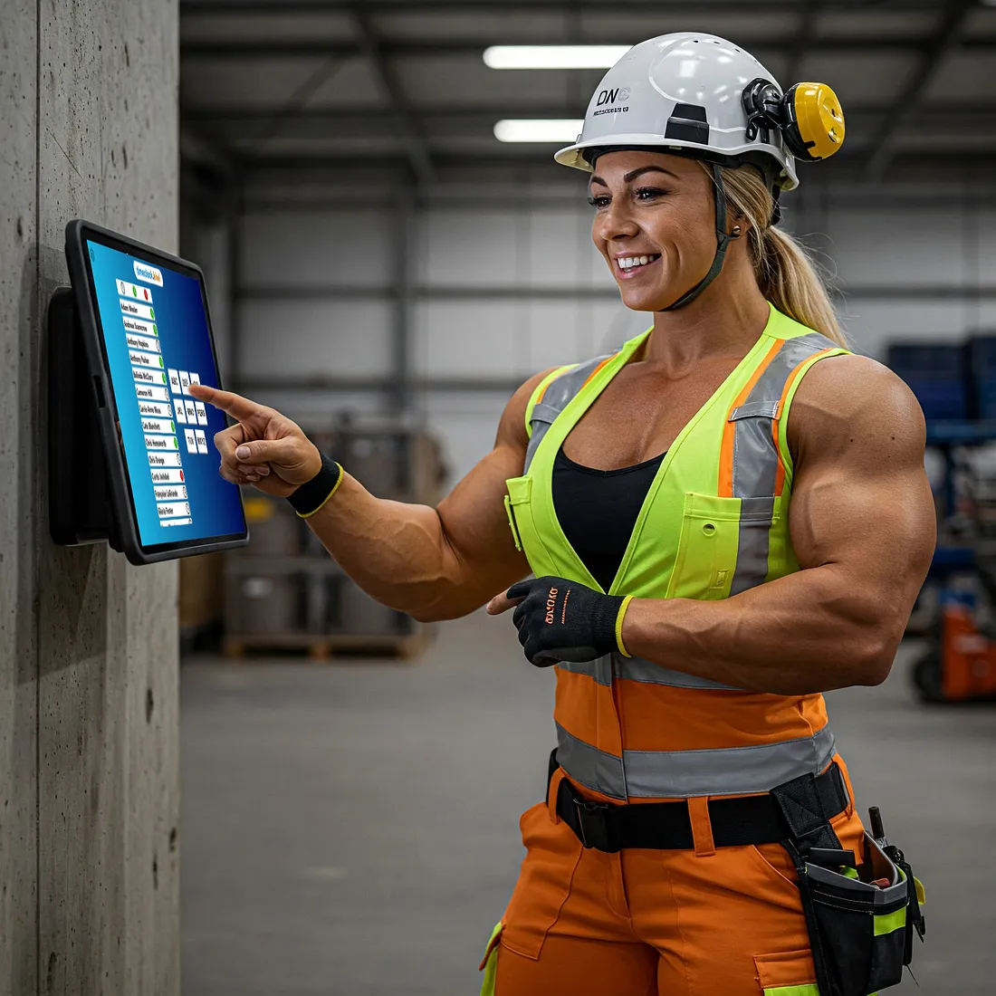 Very muscly lady factory worker signing into timeclock.kiwi